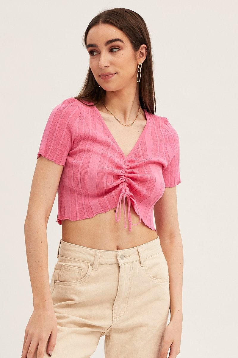 CROP KNITTED Pink Short Sleeve Ruched Knit Top for Women by Ally