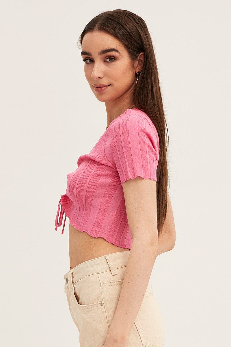 CROP KNITTED Pink Short Sleeve Ruched Knit Top for Women by Ally