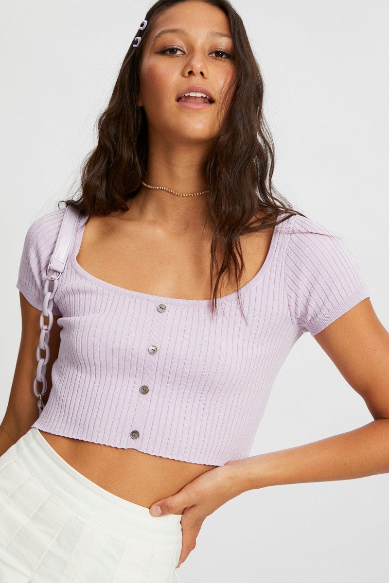 CROP KNITTED Purple Short Sleeve Rib Knit Scoop Neck Button Detail Cro for Women by Ally