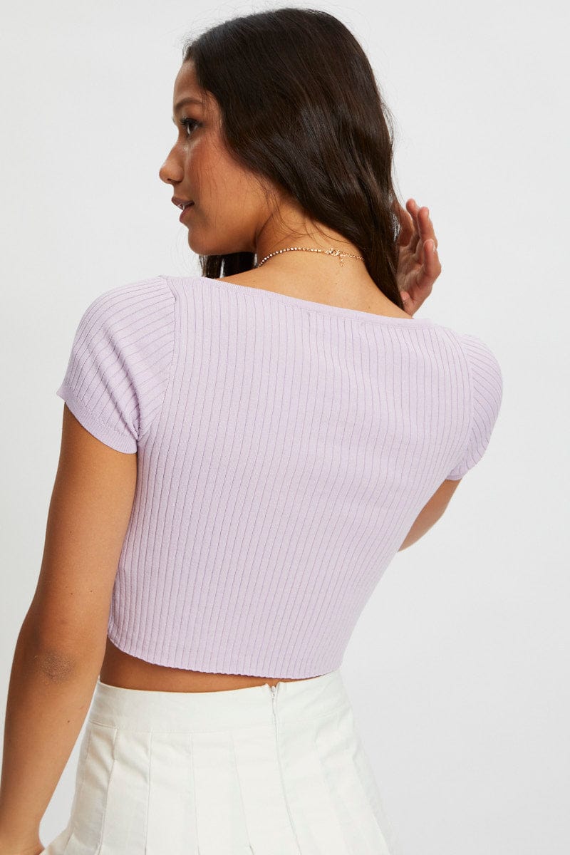 CROP KNITTED Purple Short Sleeve Rib Knit Scoop Neck Button Detail Cro for Women by Ally