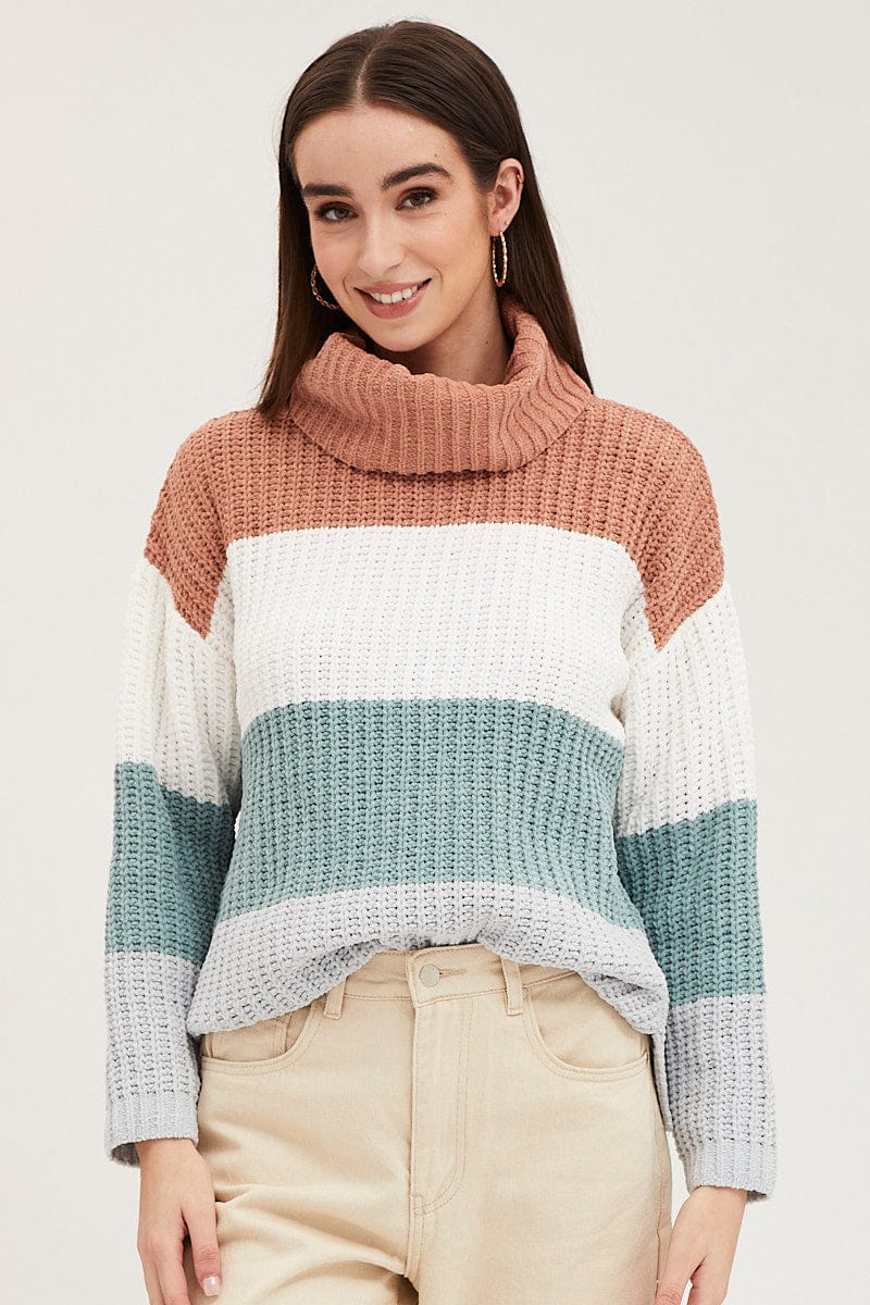 CROP KNITTED Stripe Knit Top Long Sleeve Relaxed Turtleneck for Women by Ally