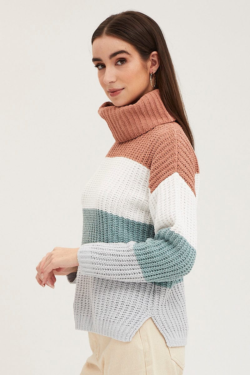 CROP KNITTED Stripe Knit Top Long Sleeve Relaxed Turtleneck for Women by Ally