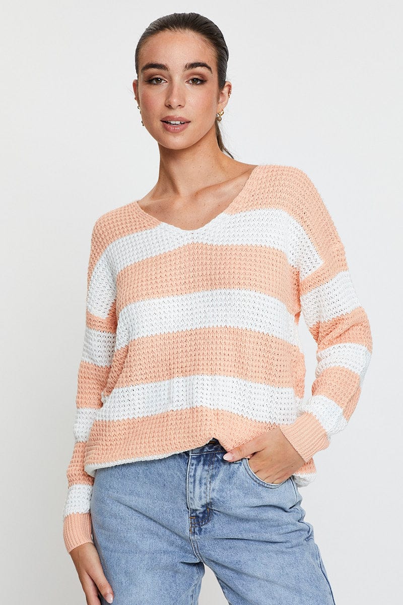 CROP KNITTED Stripe Knit Top Long Sleeve Relaxed V-Neck for Women by Ally