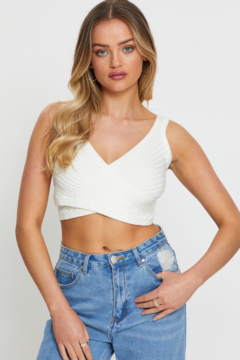 CROP KNITTED White Knit Top Sleeveless for Women by Ally