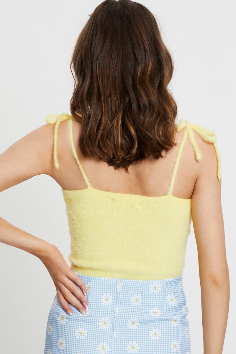 CROP KNITTED Yellow Fluffy Tie Shoulder Knit for Women by Ally