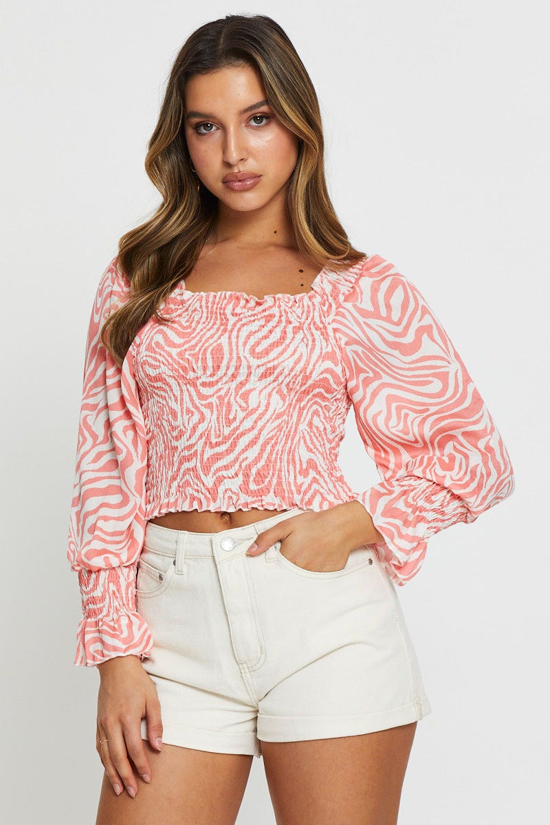 CROP TOP Abstract Print Peplum Top Long Sleeve for Women by Ally