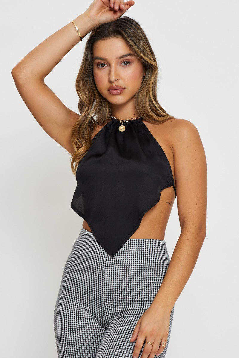 CROP TOP Black Scarf Top Halter Satin for Women by Ally