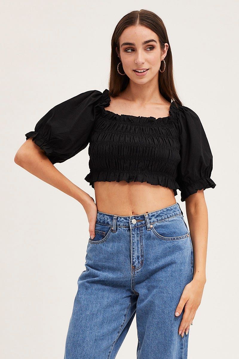 CROP TOP Black Short Sleeve Frilled Edge Shirred Crop Top for Women by Ally