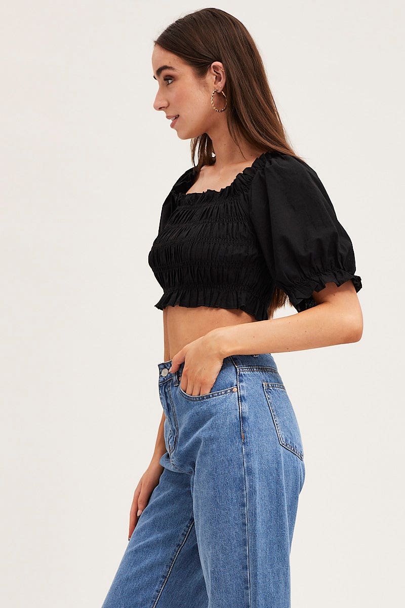 CROP TOP Black Short Sleeve Frilled Edge Shirred Crop Top for Women by Ally