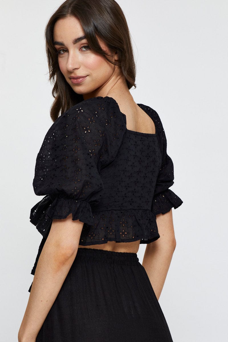 CROP TOP Black Wrap Top Short Sleeve Tie Up for Women by Ally