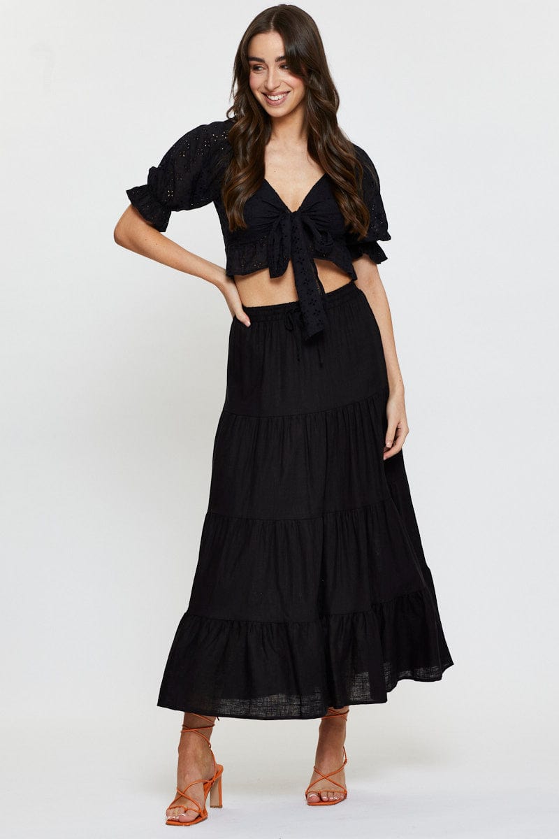 CROP TOP Black Wrap Top Short Sleeve Tie Up for Women by Ally
