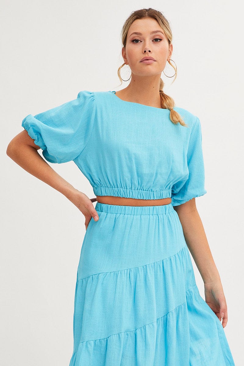 Blue Crop Top Puff Sleeve | Ally Fashion