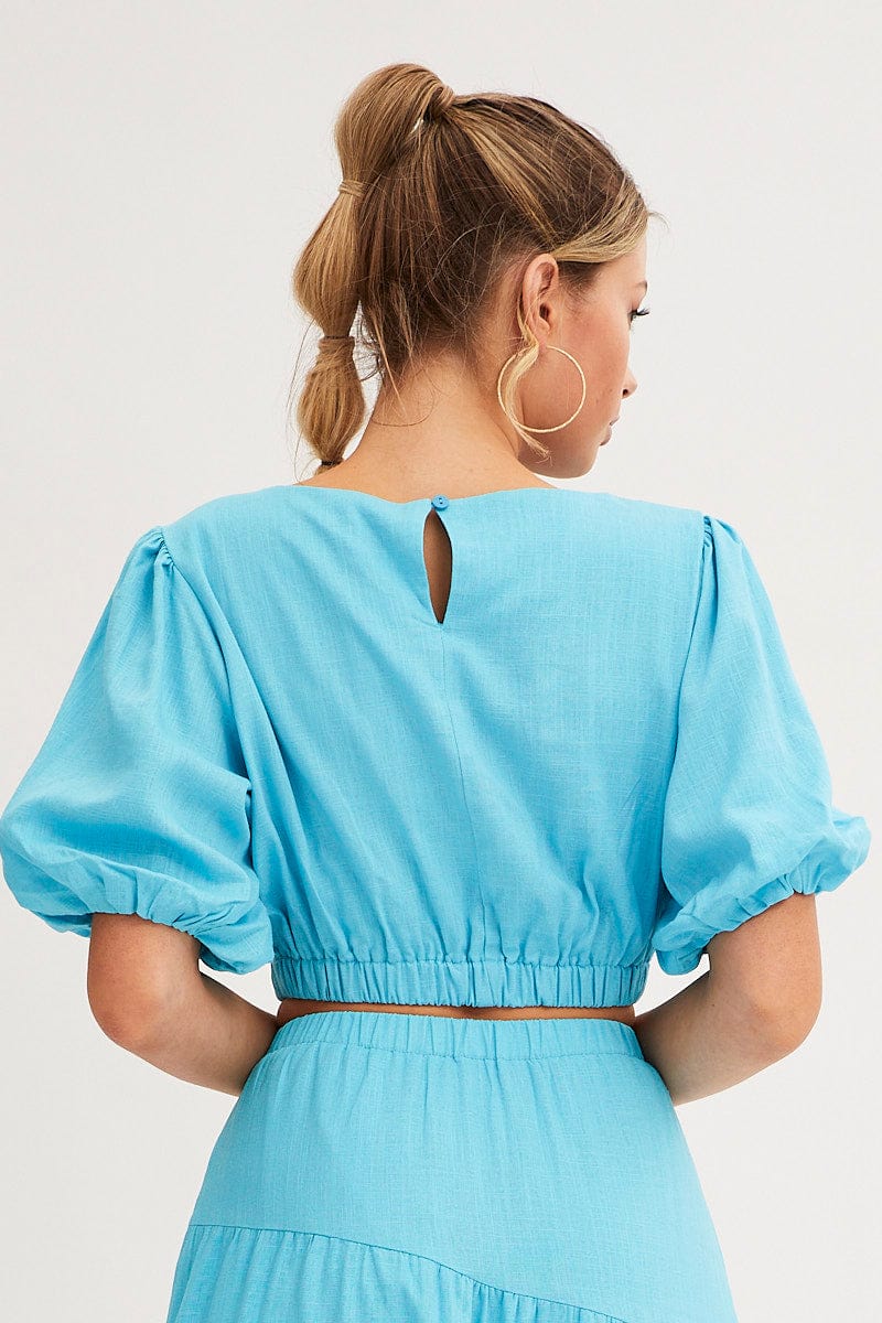 CROP TOP Blue Crop Top Puff Sleeve for Women by Ally