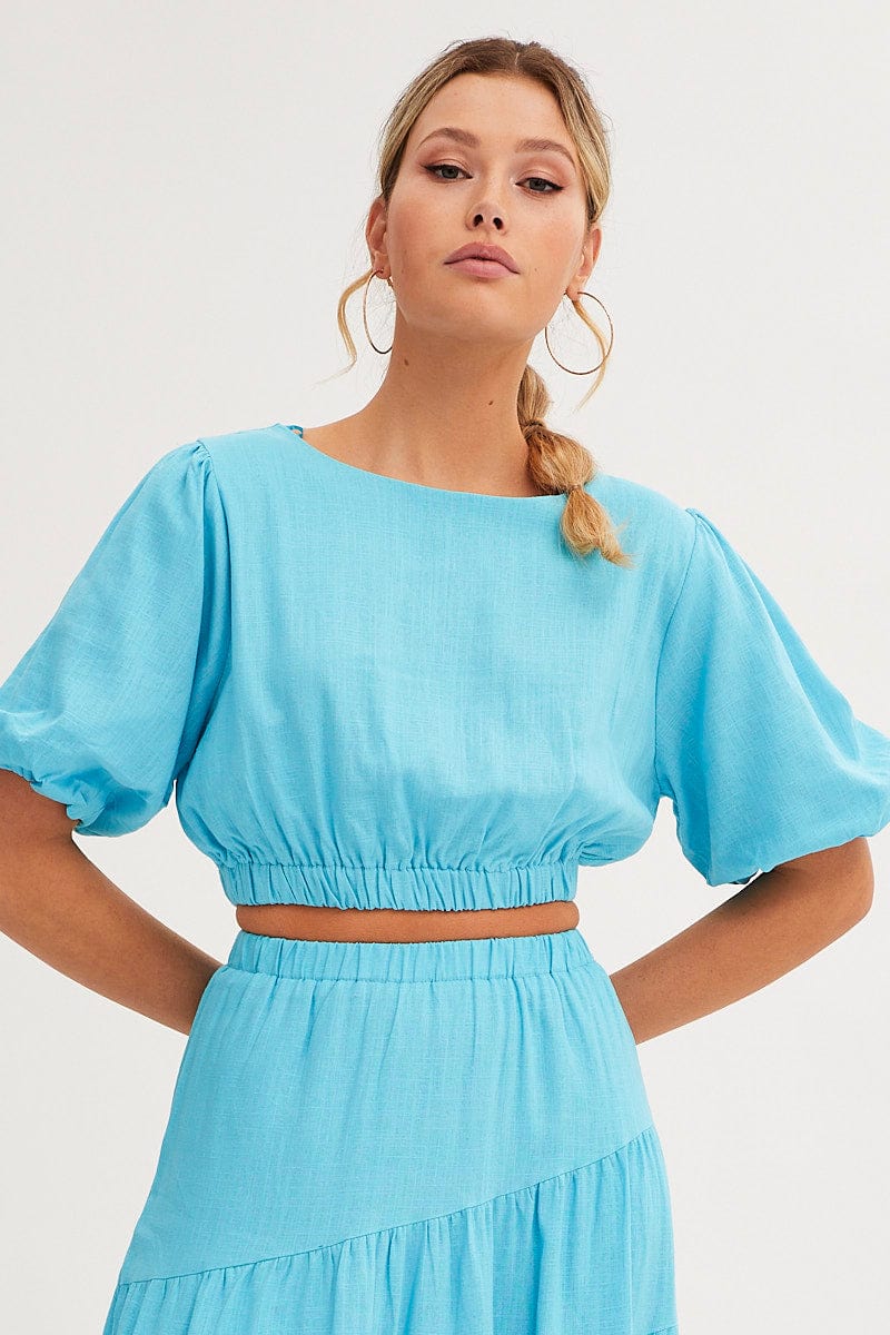 CROP TOP Blue Crop Top Puff Sleeve for Women by Ally