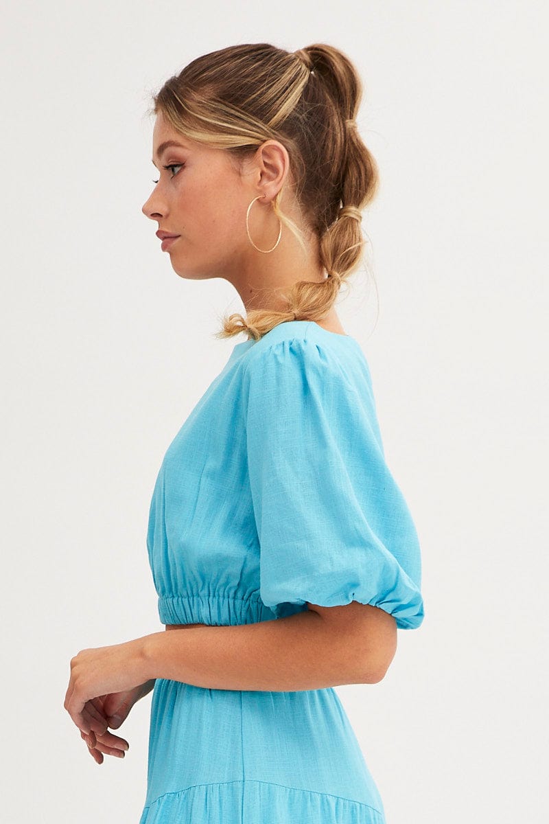 CROP TOP Blue Crop Top Puff Sleeve for Women by Ally