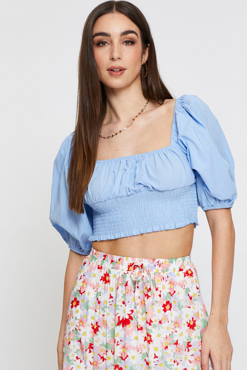 CROP TOP Blue Crop Top Short Sleeve Shirred Waist for Women by Ally