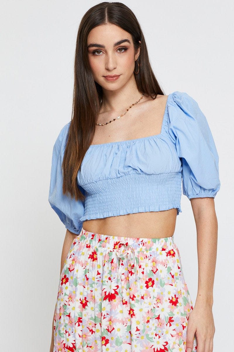 CROP TOP Blue Crop Top Short Sleeve Shirred Waist for Women by Ally