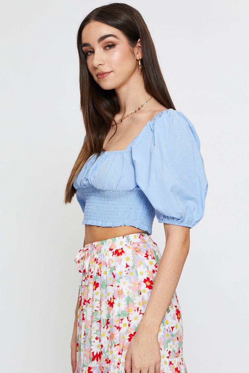 CROP TOP Blue Crop Top Short Sleeve Shirred Waist for Women by Ally