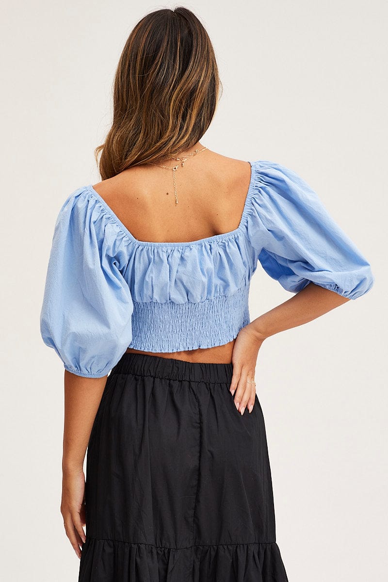 CROP TOP Blue Crop Top Short Sleeve Square Neck for Women by Ally