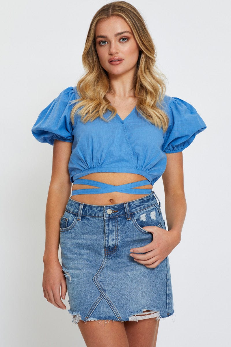 CROP TOP Blue Crop Top Short Sleeve Tie Up for Women by Ally