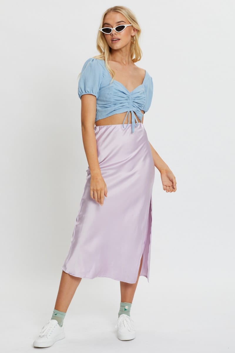 Code String Crop Women’s Blue Short Sleeve Ruched Draw String Crop Top | Ally Fashion