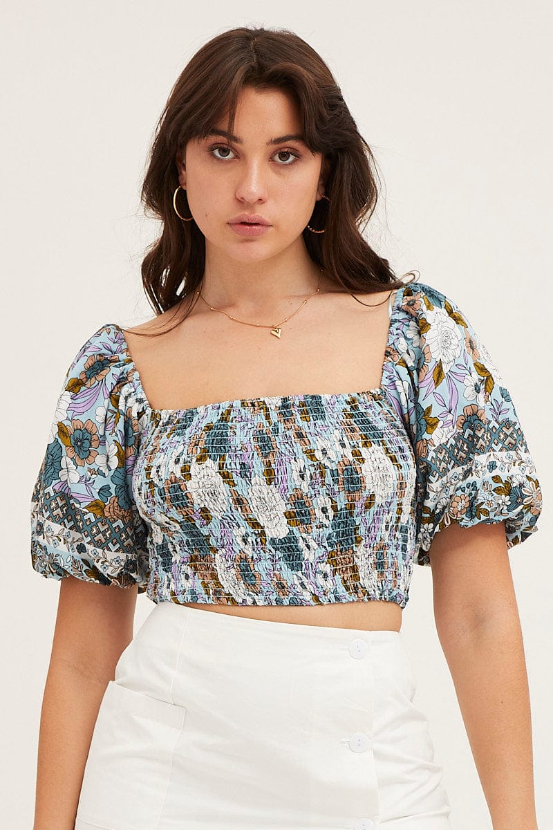 CROP TOP Boho Print Rayon Half Sleeve Shirred Cropped Top for Women by Ally