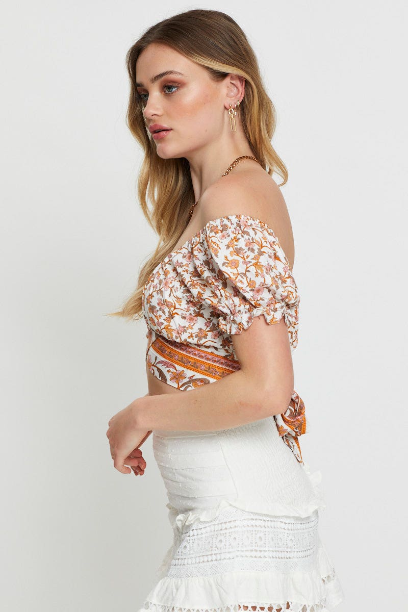 CROP TOP Border Print Crop Top Short Sleeve for Women by Ally