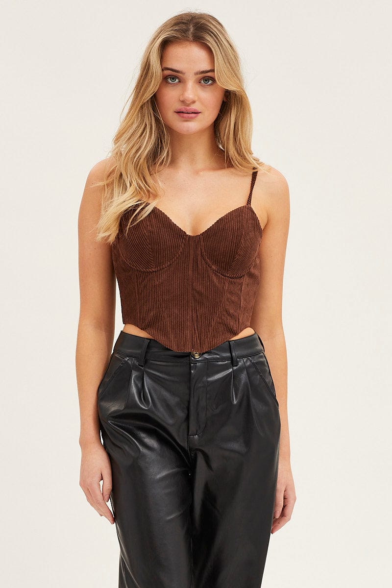CROP TOP Brown Corset Top Sleeveless Crop Corduroy for Women by Ally