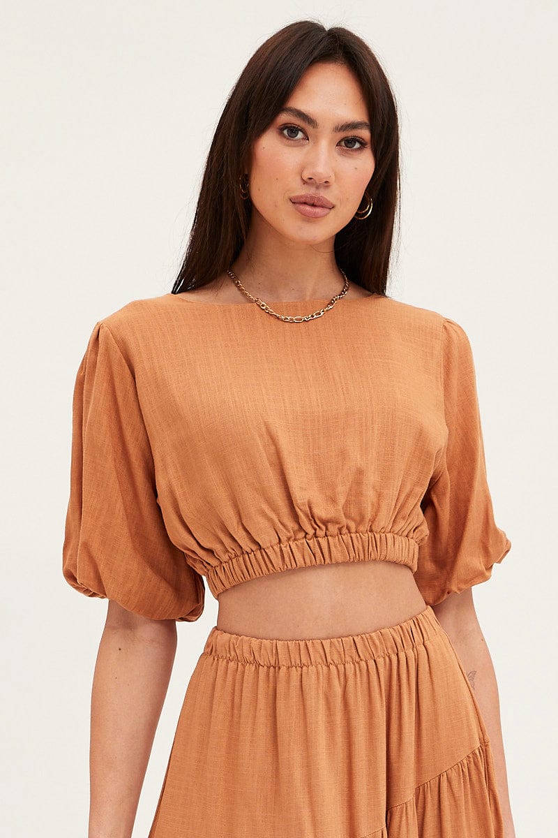 CROP TOP Camel Crop Top Puff Sleeve for Women by Ally