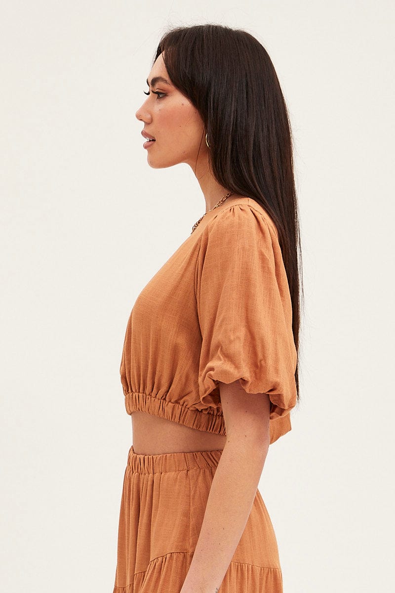 CROP TOP Camel Crop Top Puff Sleeve for Women by Ally