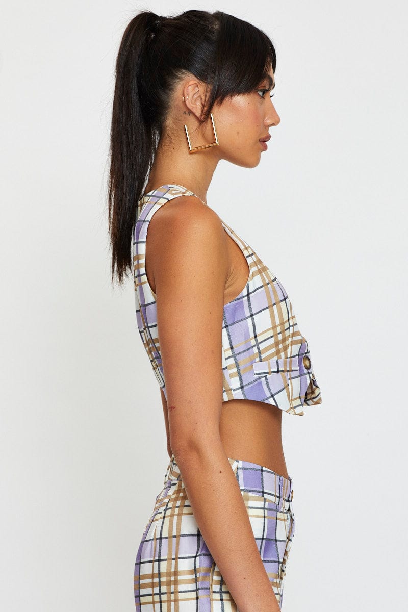 CROP TOP Check Crop Shirts Sleeveless Collared for Women by Ally