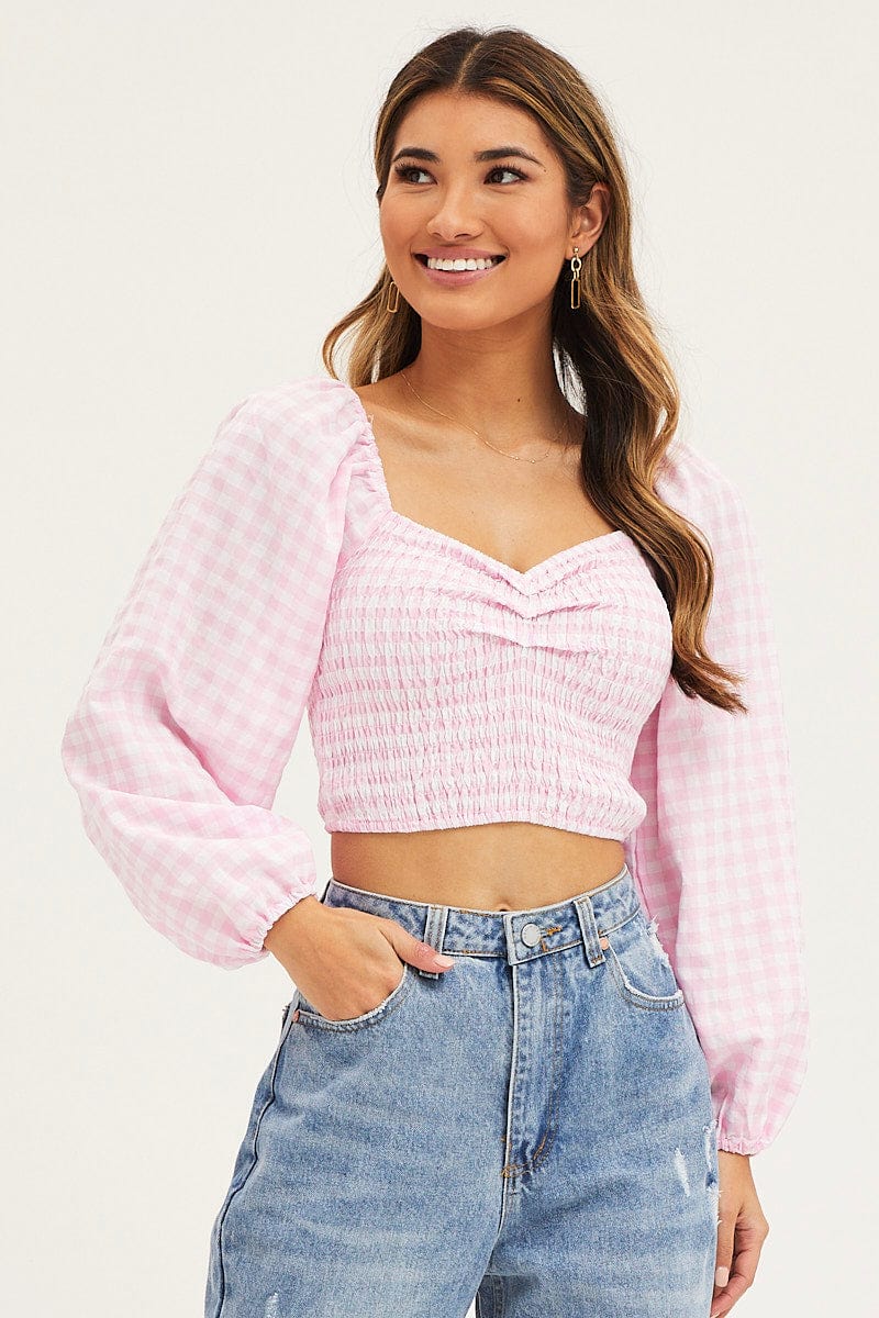 CROP TOP Check Crop Top Long Sleeve for Women by Ally