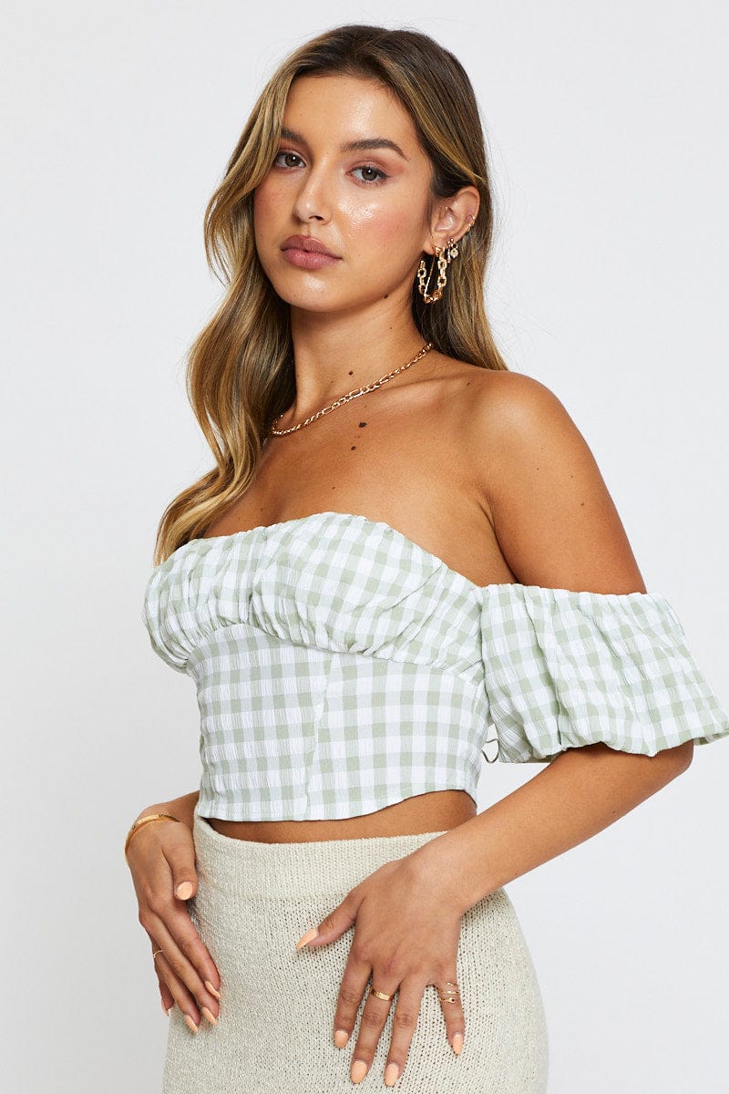 CROP TOP Check Crop Top Off Shoulder Short Sleeve for Women by Ally