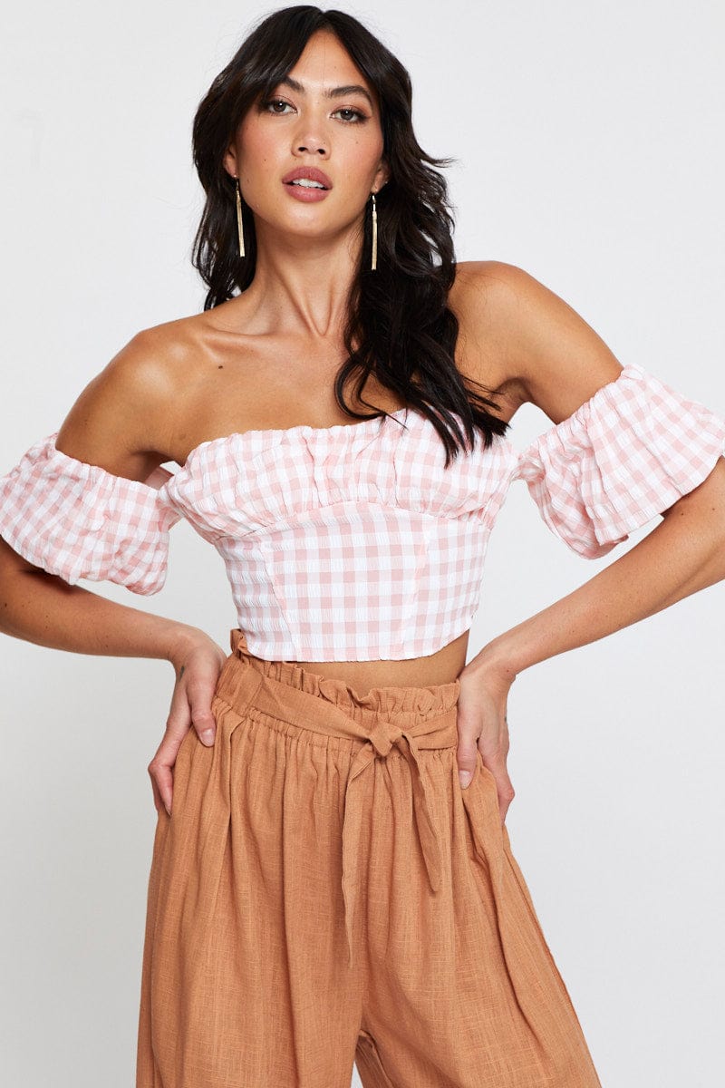 CROP TOP Check Crop Top Off Shoulder Short Sleeve for Women by Ally