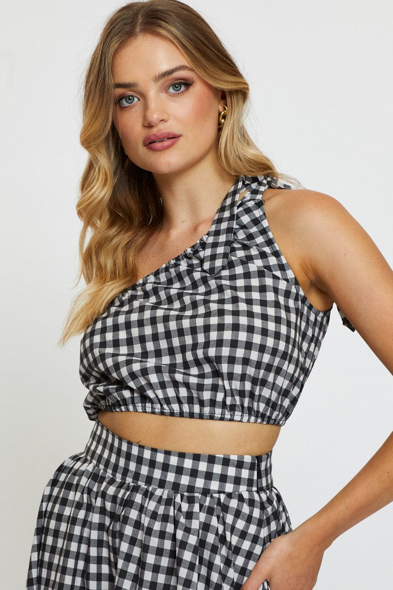 CROP TOP Check Crop Top One Shoulder Linen for Women by Ally