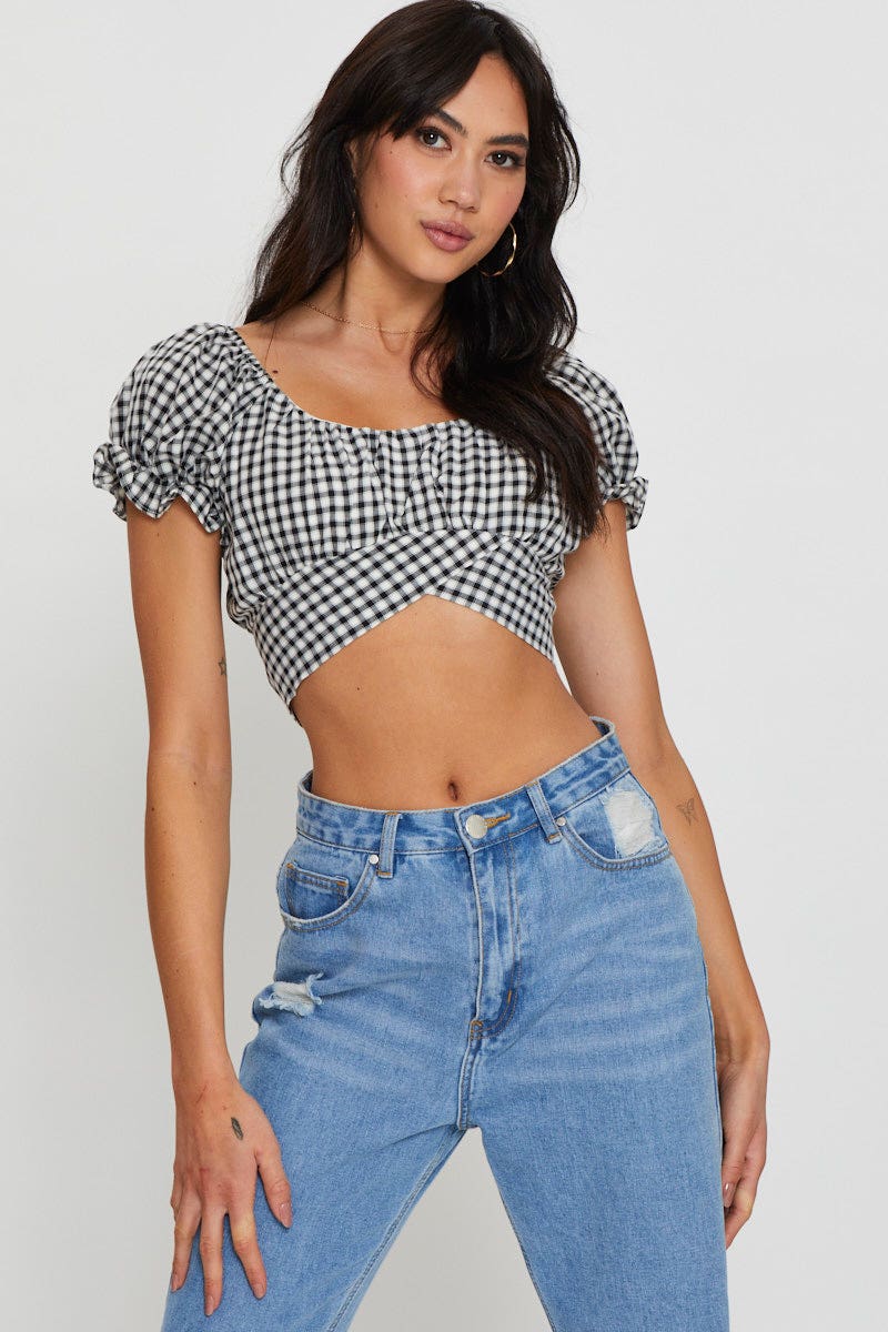 CROP TOP Check Crop Top Short Sleeve for Women by Ally