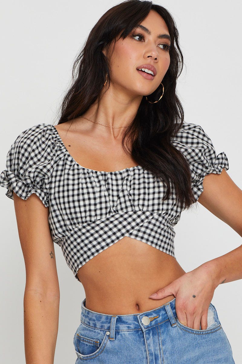 CROP TOP Check Crop Top Short Sleeve for Women by Ally