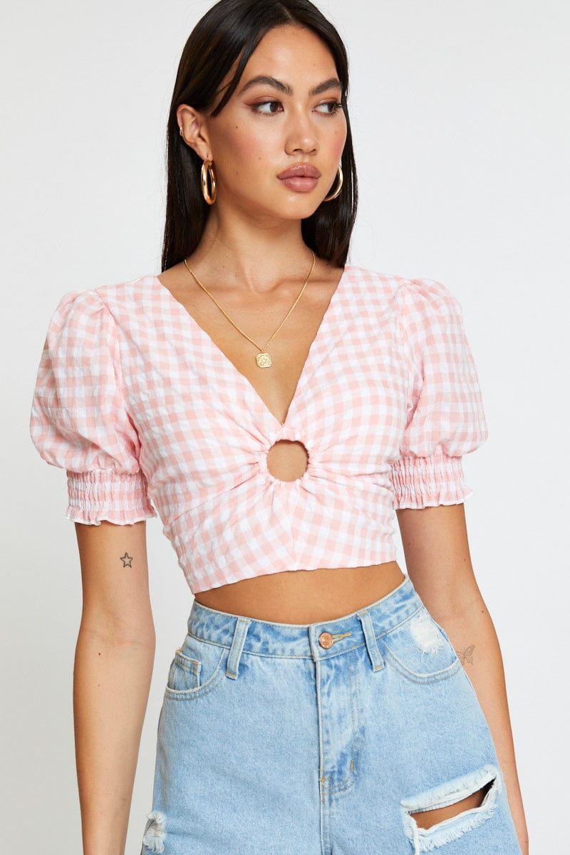 CROP TOP Check Crop Top Short Sleeve Square Neck for Women by Ally