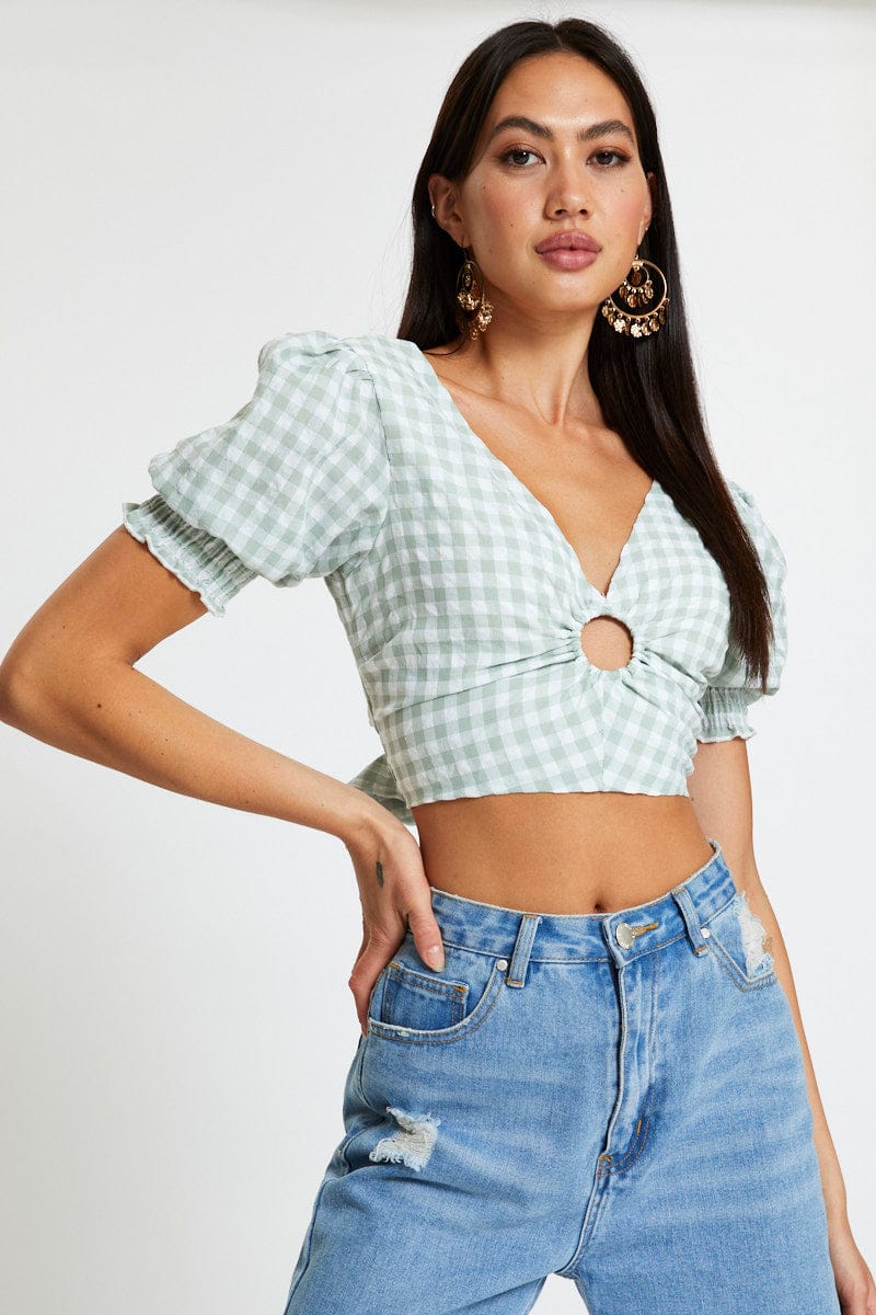 Women’s Check Crop Top Short Sleeve Square Neck | Ally Fashion