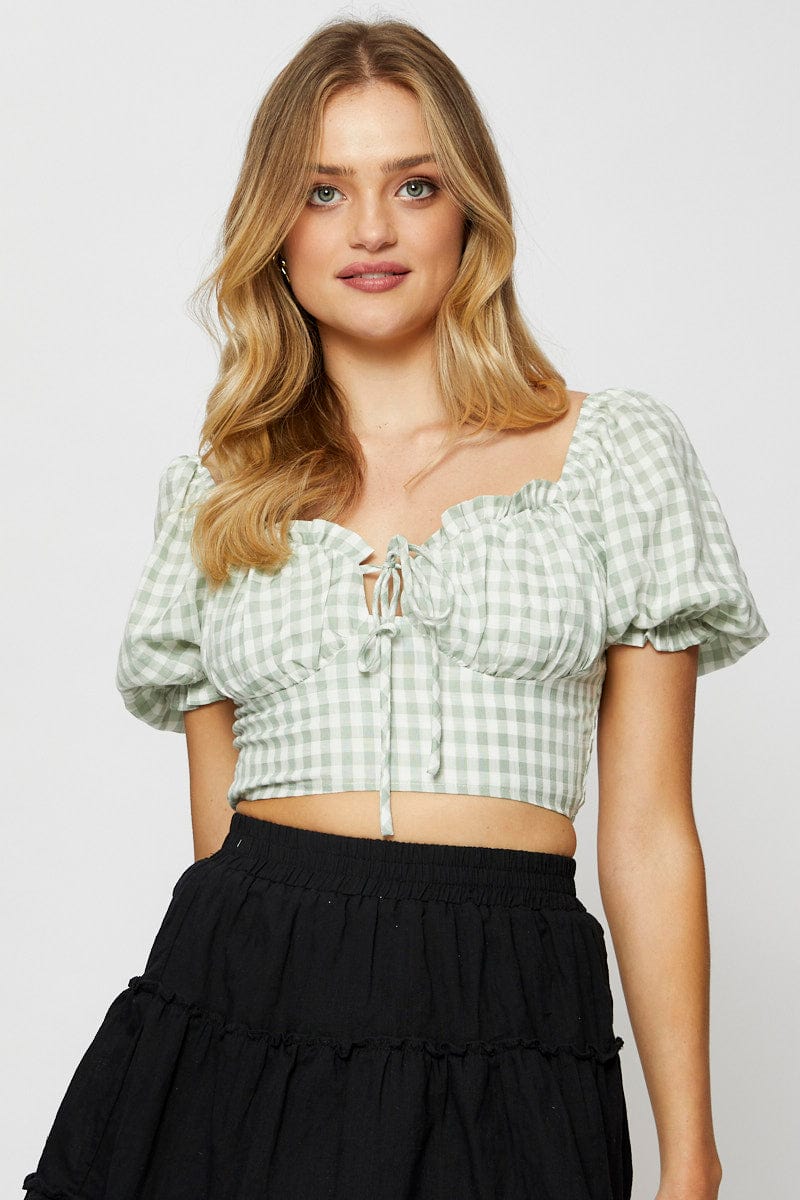 CROP TOP Check Crop Top Short Sleeve Tie Up for Women by Ally