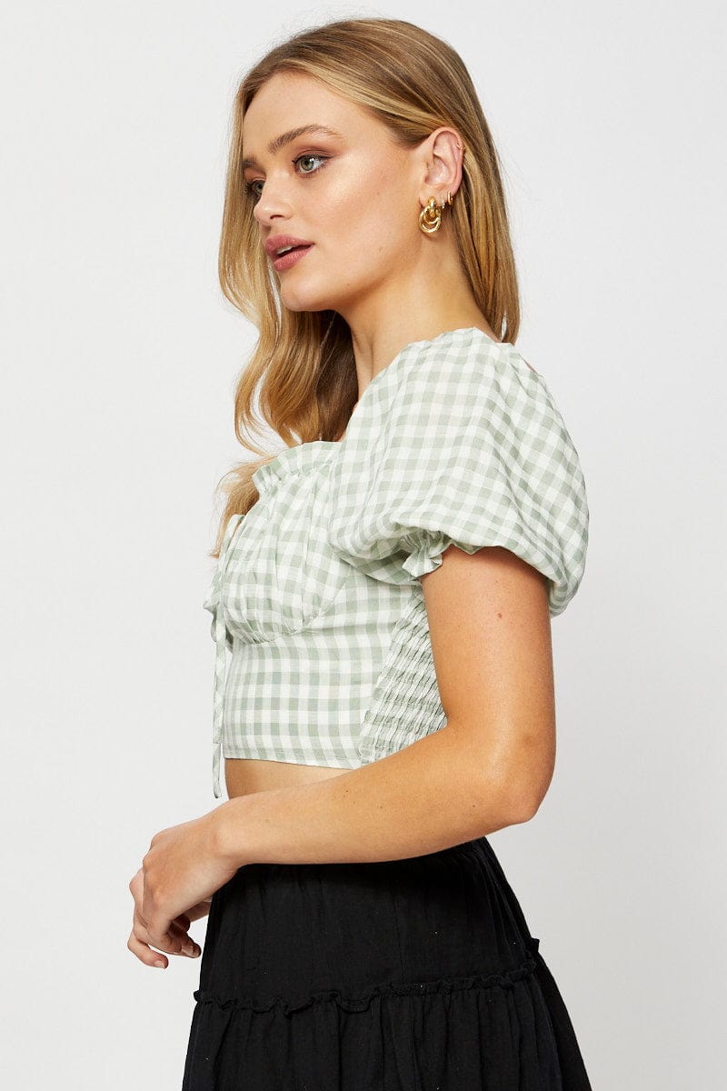 CROP TOP Check Crop Top Short Sleeve Tie Up for Women by Ally