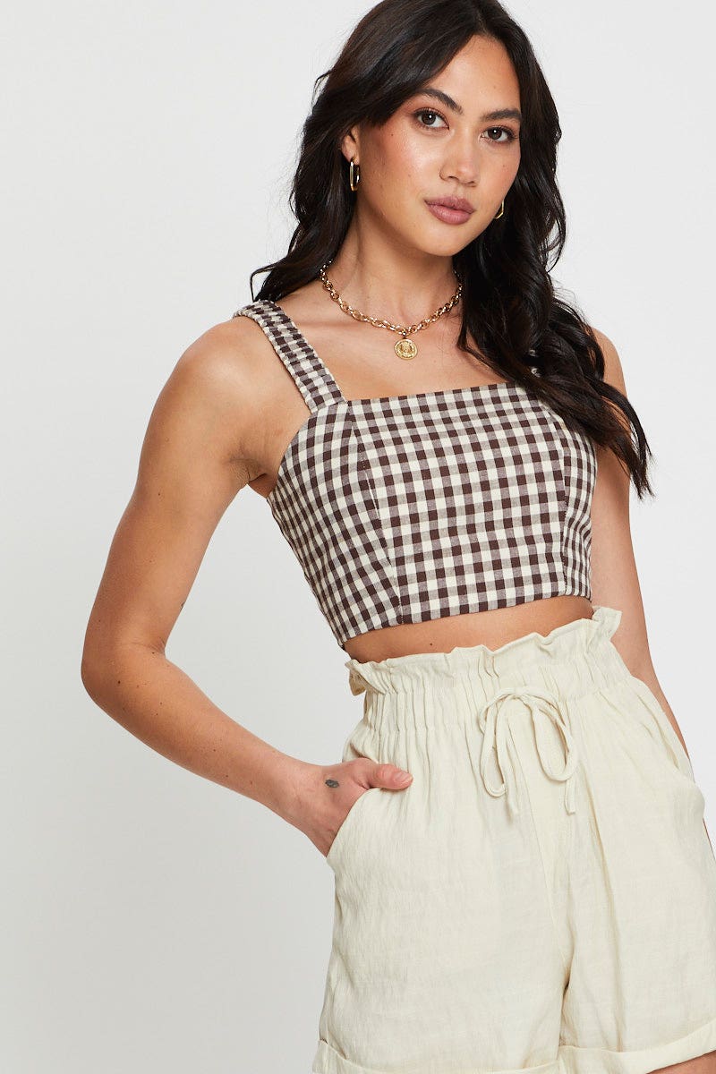 CROP TOP Check Crop Top Sleeveless Square Neck for Women by Ally