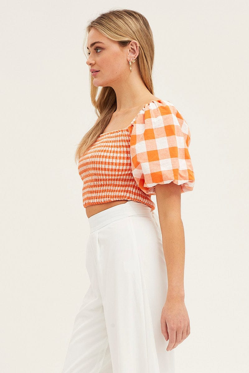 CROP TOP Check Gingham Half Sleeve Shirred Cropped Top for Women by Ally