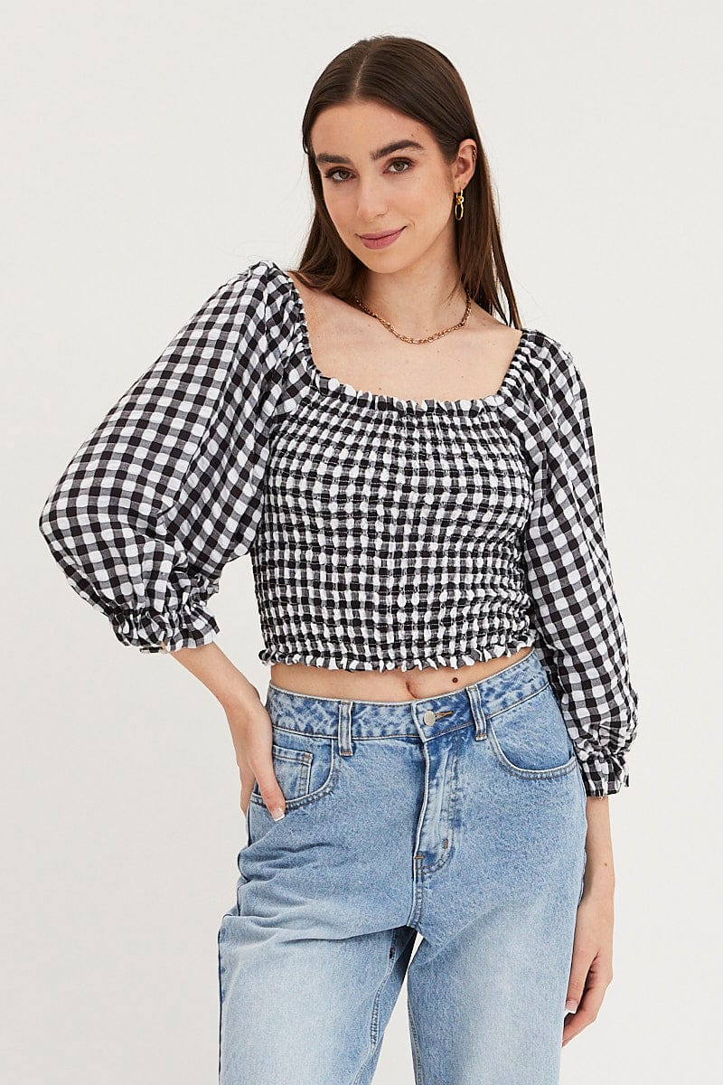 CROP TOP Check Shirred Top Three-Quarter Crop for Women by Ally