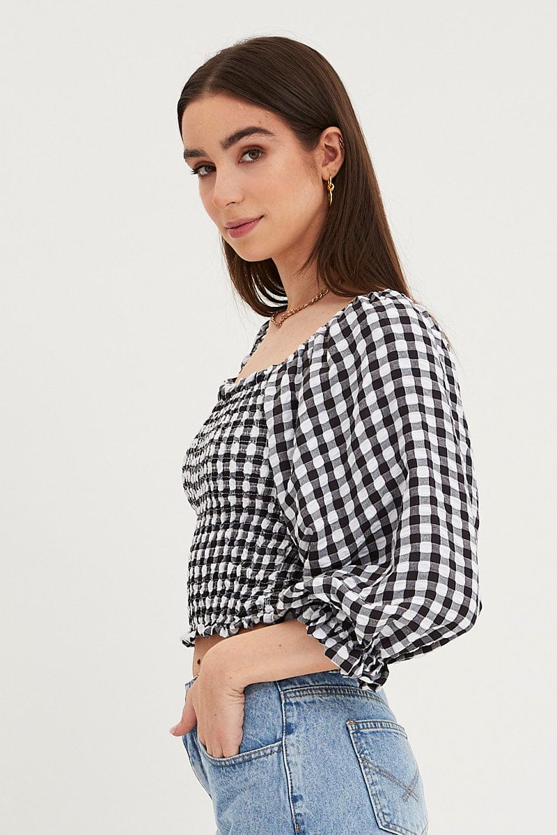CROP TOP Check Shirred Top Three-Quarter Crop for Women by Ally
