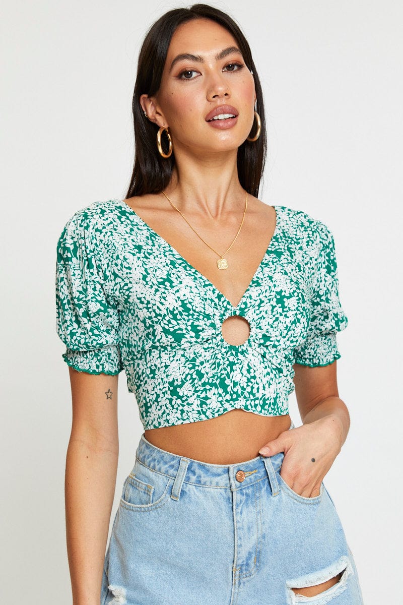 CROP TOP Ditsy Print Crop Top Short Sleeve Tie Up for Women by Ally