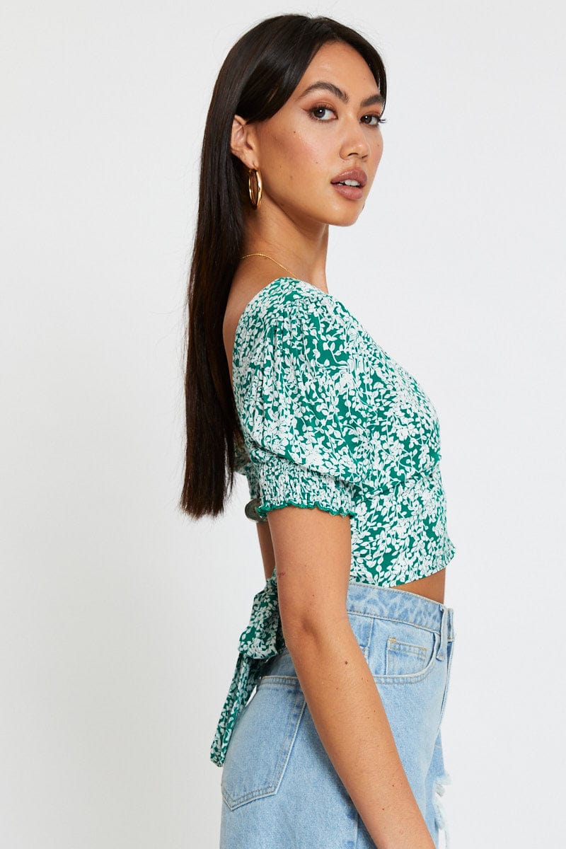 CROP TOP Ditsy Print Crop Top Short Sleeve Tie Up for Women by Ally