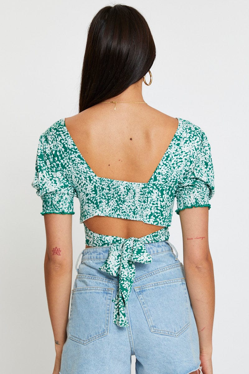 CROP TOP Ditsy Print Crop Top Short Sleeve Tie Up for Women by Ally