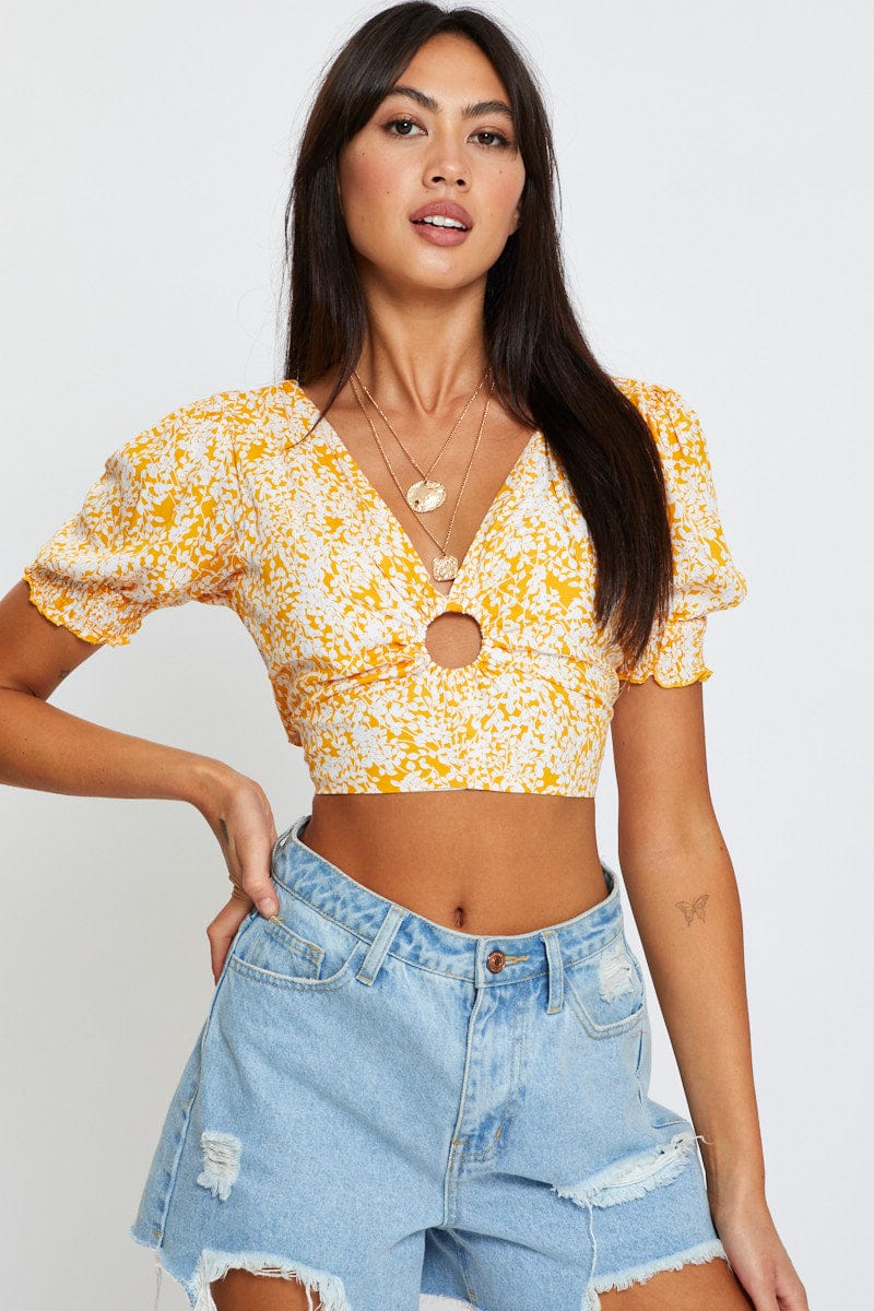 CROP TOP Ditsy Print Puff Sleeve Top Short Sleeve Crop for Women by Ally