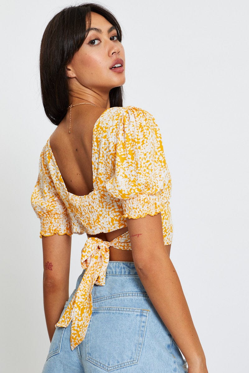 CROP TOP Ditsy Print Puff Sleeve Top Short Sleeve Crop for Women by Ally